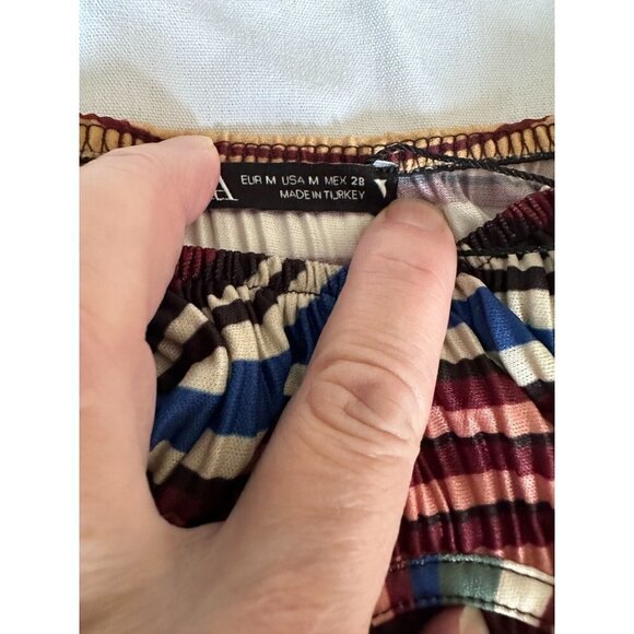Zara Dress Fall Colors Striped Pleated Empire Waist SZ Medium Square Neck - Picture 9 of 12
